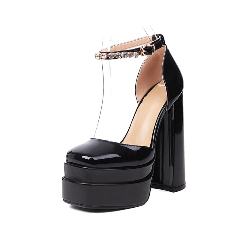 Rhinestone Ankle Strap Super Thick High Heels Platforms Pumps For Women