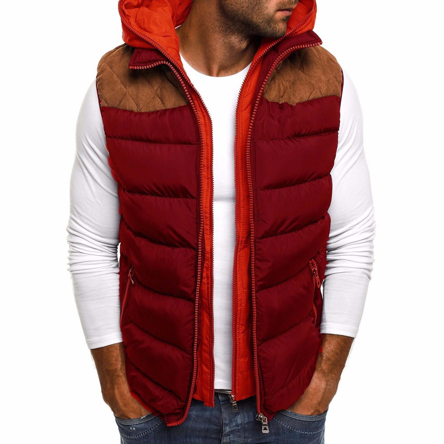 Men's fashion color matching hooded cotton vest