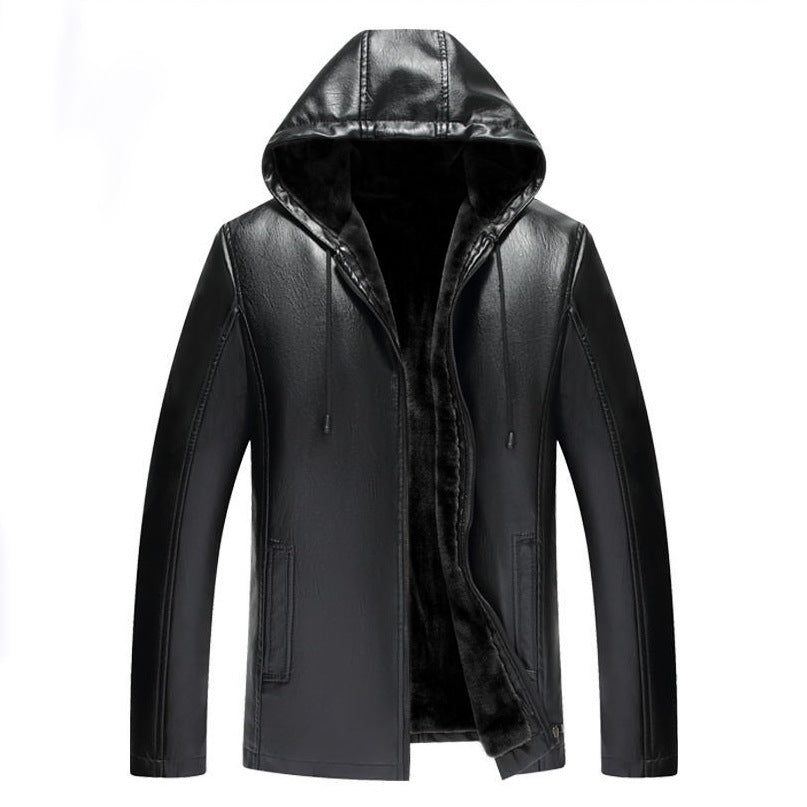 Winter Hooded Warm Men's Fur On Motorcycle Leather Jacket