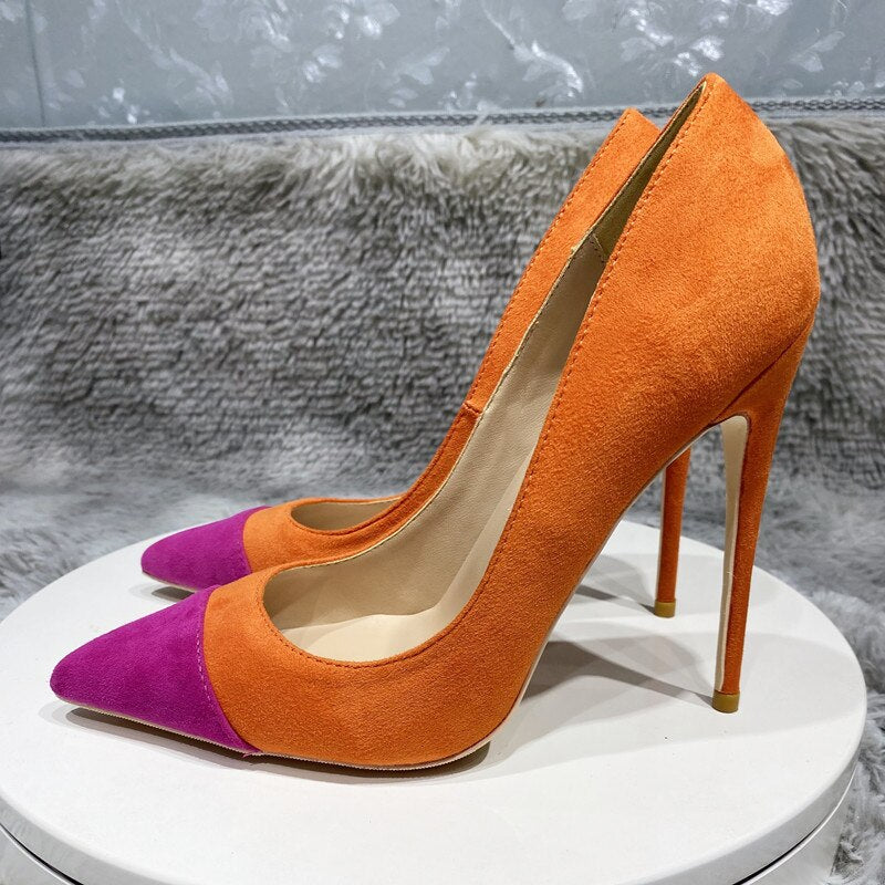 Tikicup Orange Purple Patchwork Women Flock Pointy Toe 8-12cm High Heel Shoes Faux Suede Elegant Stiletto Pumps Small Size 33 45