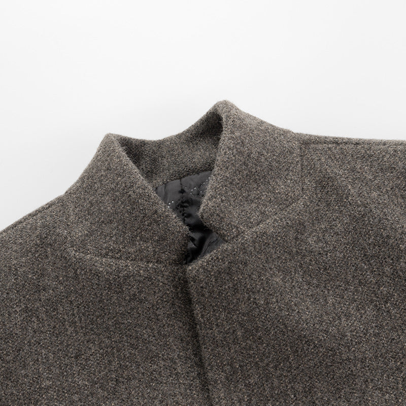 Stand Up Collar Mid Length Woolen Slim Fit Wool Coat
