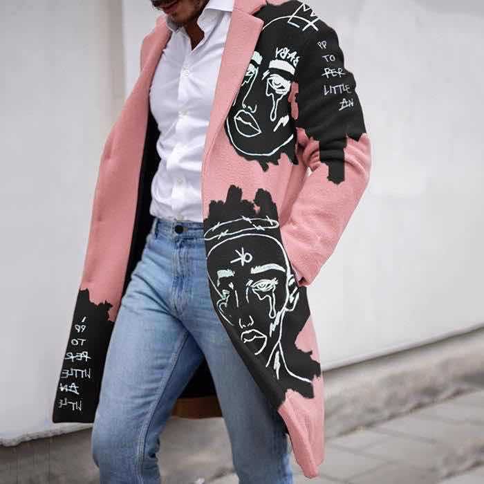 Mid Length Printed Top Long Sleeve Woolen Jacket