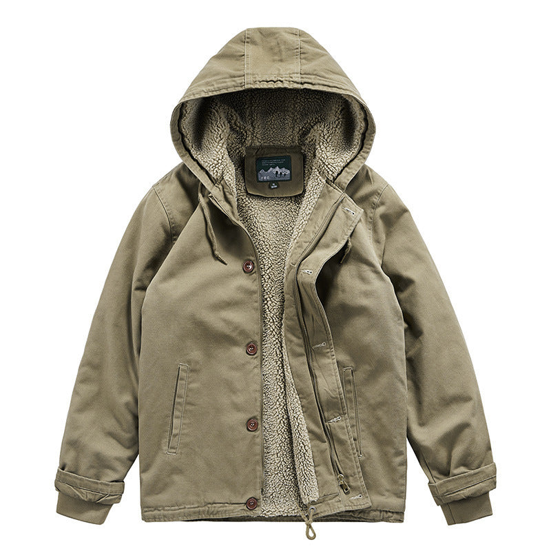 Lamb Wool Men's Cotton Deck Deck Jacket Hooded Plus Velvet