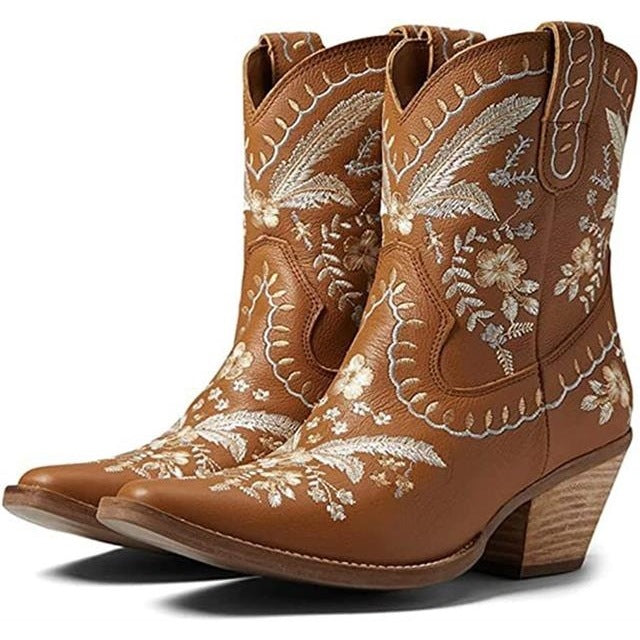 Plus Size Chunky High Heel Embroidered Sleeve Ankle Boots
