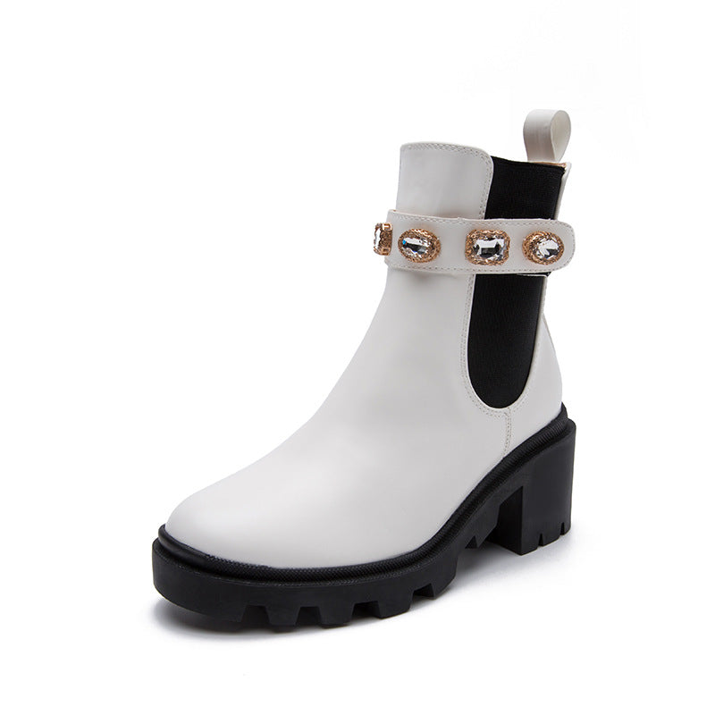 Autumn New Fashion Rhinestone Round Head Martin Boots Female Mid-Thigh Elastic Thin Boots