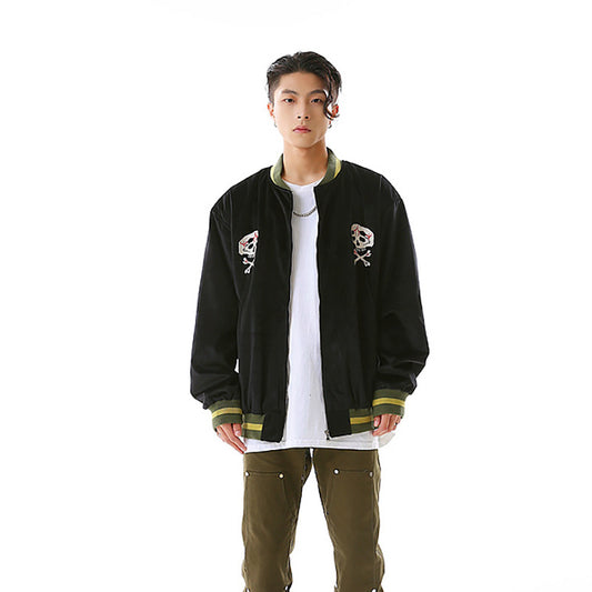 Vintage Skeleton Embroidery Baseball Jacket Male