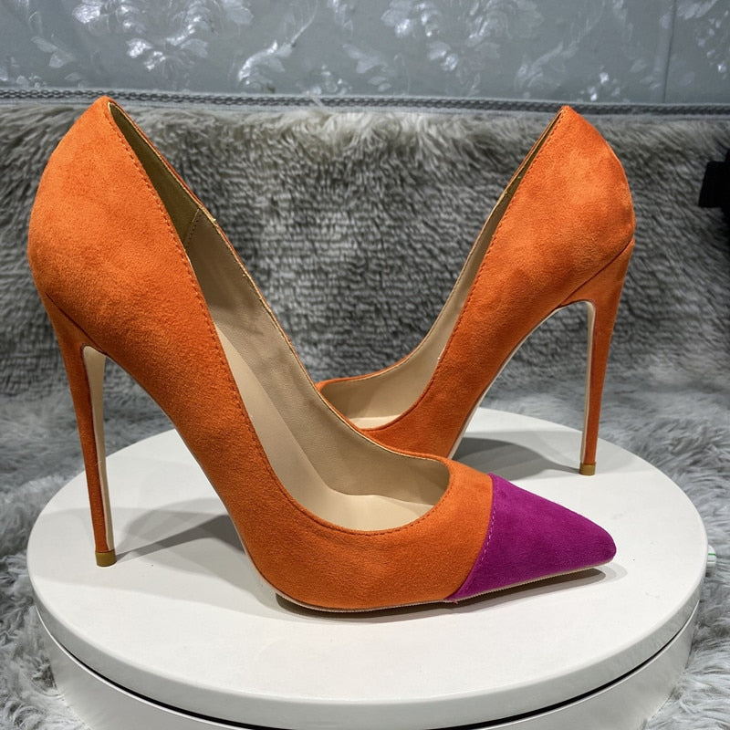 Tikicup Orange Purple Patchwork Women Flock Pointy Toe 8-12cm High Heel Shoes Faux Suede Elegant Stiletto Pumps Small Size 33 45