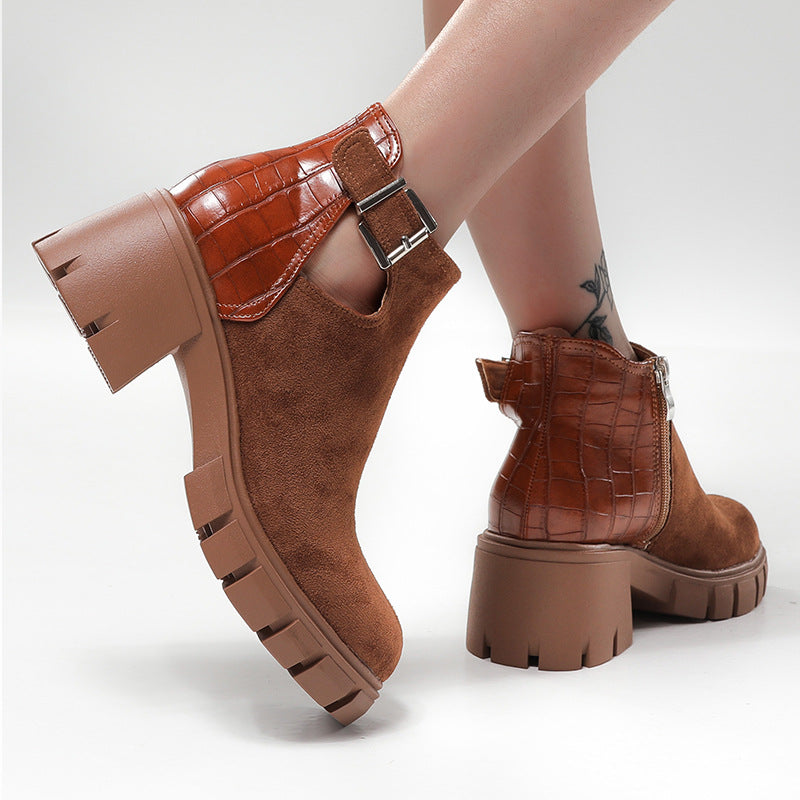 Women's Snakeskin High Heel Round Leather Boots Martin Boots
