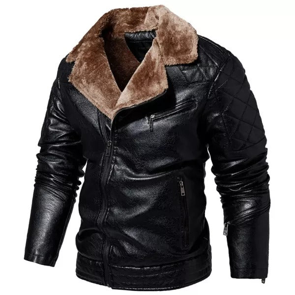 Men's Jacket Oblique Zipper Plus Fleece Suit Collar PU
