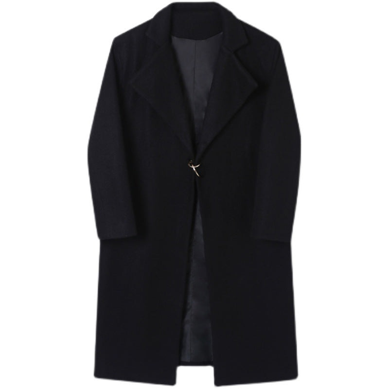 Men's Long Woolen Coat With Big Metal Circle