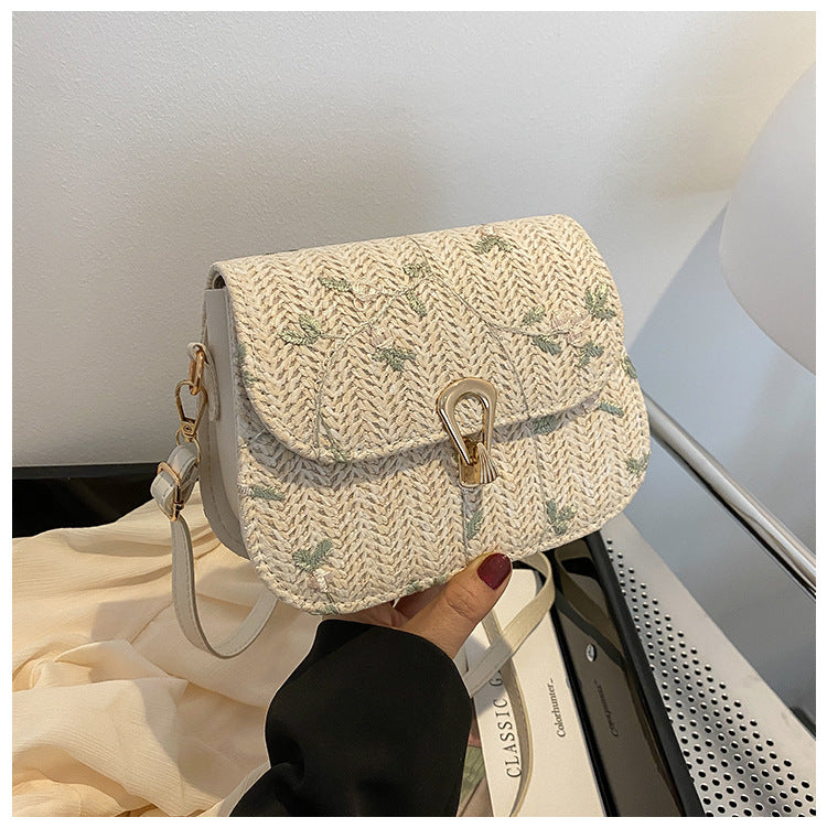 Summer Straw Woven Bag Women's New Small Fresh Lace Flower Woven Saddle Bag All-Match One Shoulder Messenger Bag