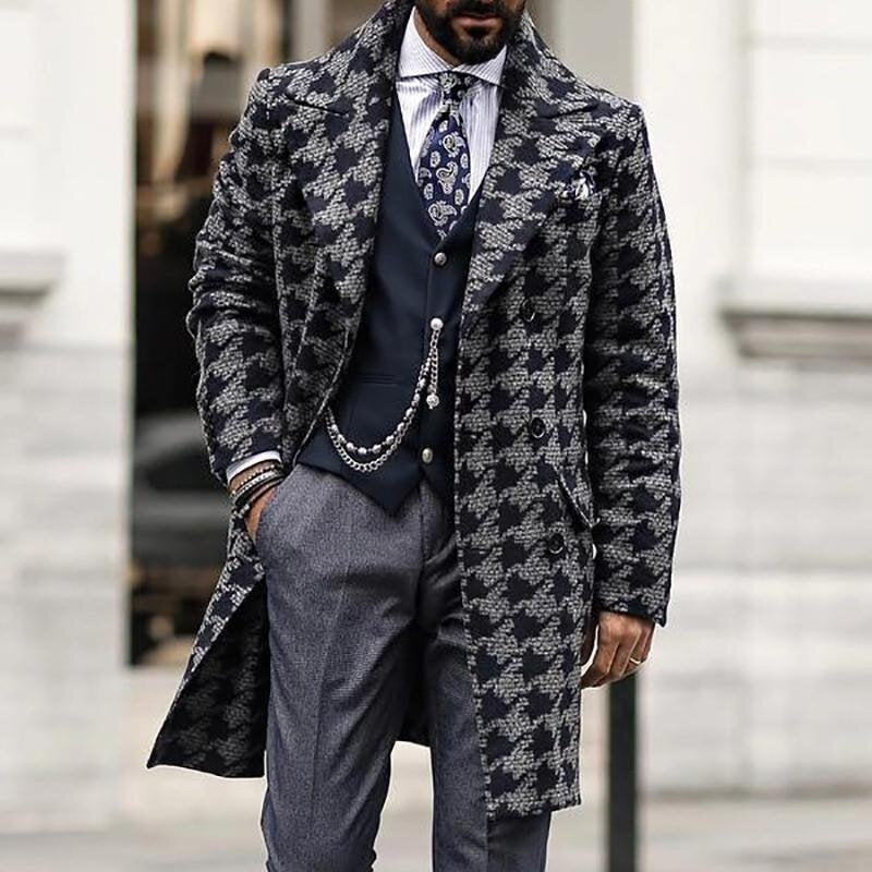 Mid Length Suit Collar Printed Casual Men's Coat