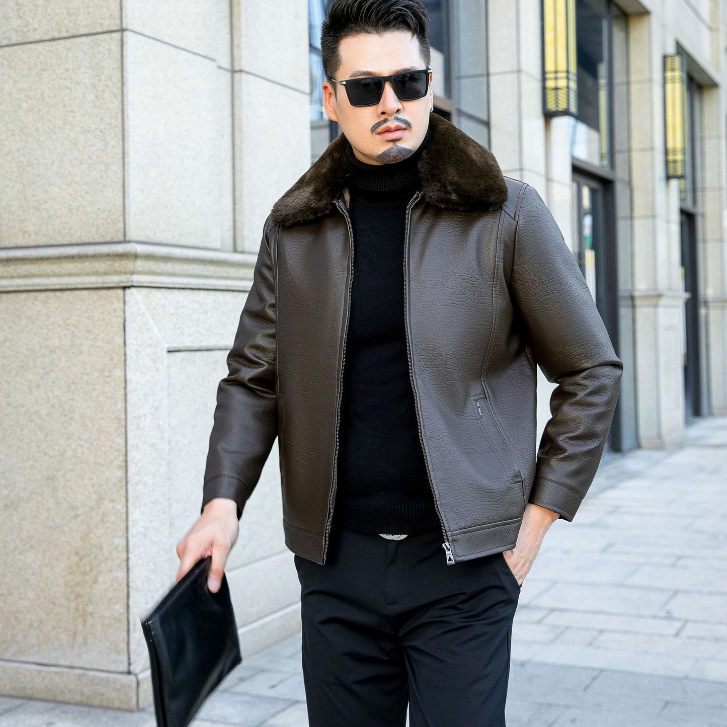 Winter Casual Polo Collar Leather Coat