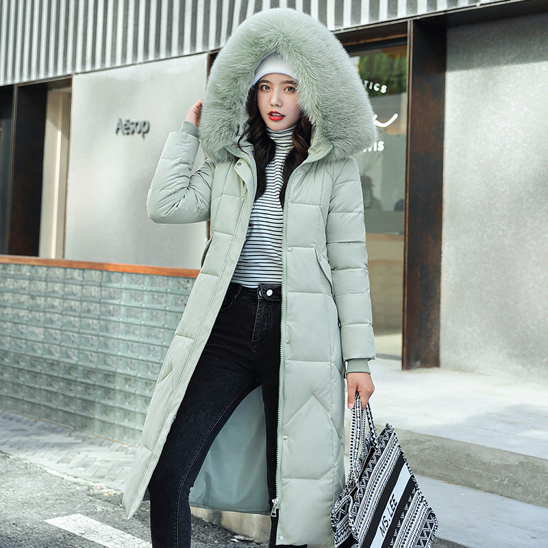 Waist-in-knee Padded Quilted Jacket With Thick Fur Collar