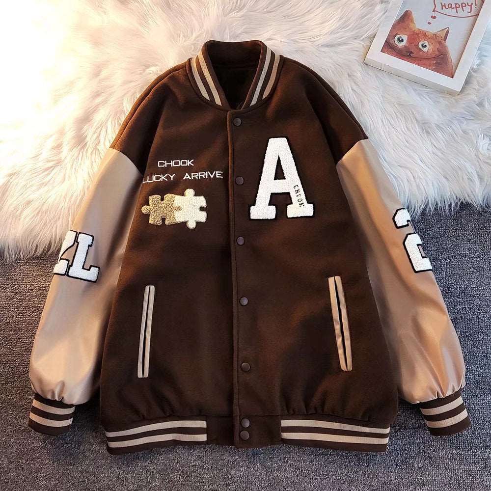 American Retro Puzzle Leather Embroidery Jacket For Men Couple
