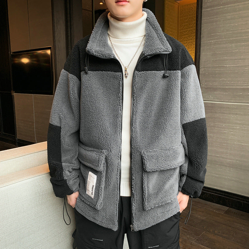 Lamb velvet stand-up collar color block boys cotton jacket