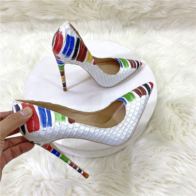 New Snakeskin Pattern Color Graffiti High Heels 12cm 10cm 8cm Pointed Toe Stiletto Pumps