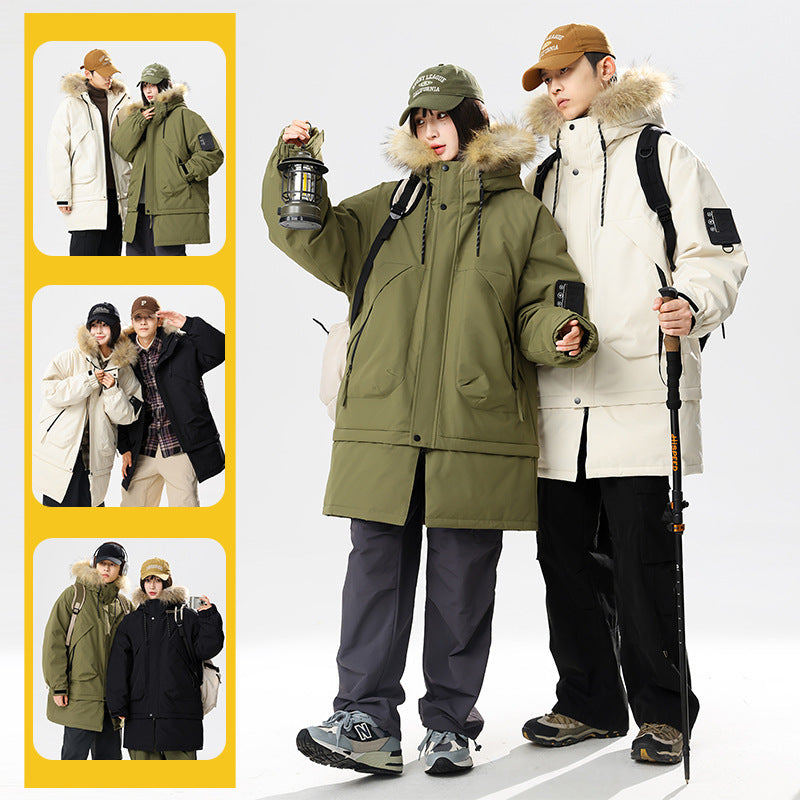 90 White Duck Down Hong Kong Style Mid-length Hem Fur Collar Detachable Warm Cold-resistant Couple Style