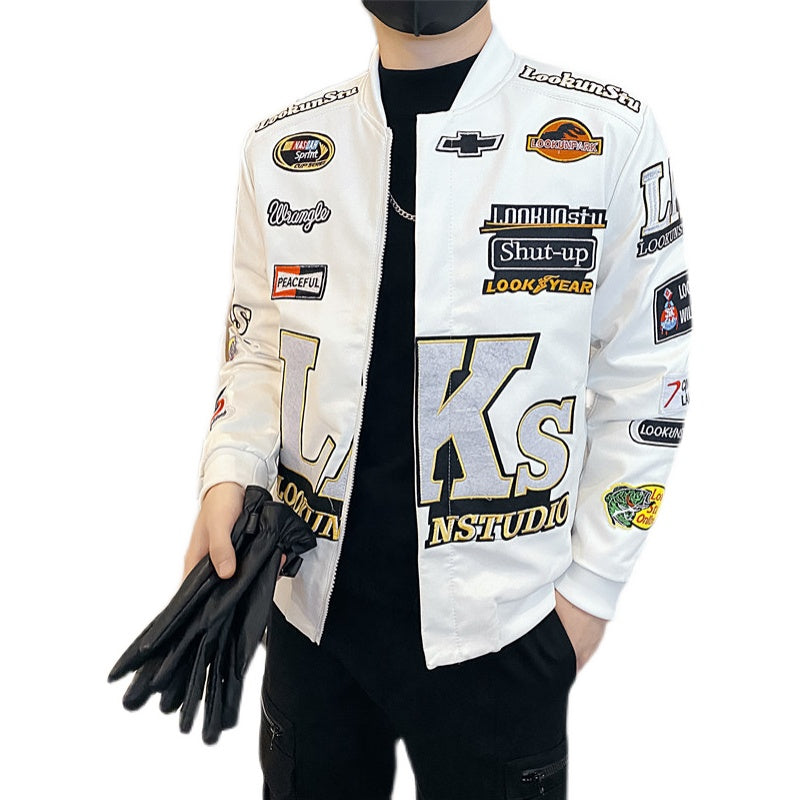 Plus Cotton Racing Suit Baseball Collar Motorcycle Leather Men's Trendy Leather Jacket