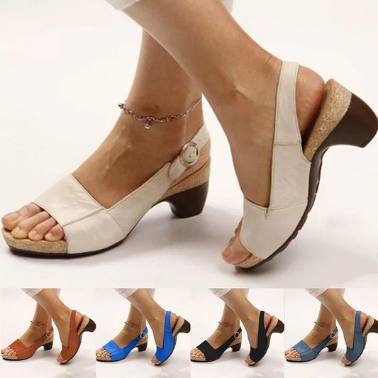 Summer New Women's Shoes Solid Color Coarse Heel Buckle Sandals 35-43 Plus Size Shoes