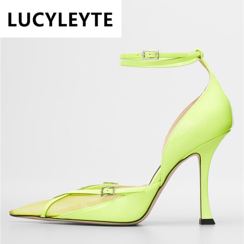 Processing Time:7-15 days after placing orders  Fashion Shoes New Buckle Pumps Sexy Spring Summer Pointed Thin Heels Women Pumps Mesh Cut Outs Ankle Strap Lady Sandals Size43