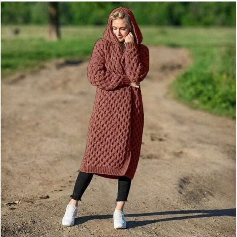 Autumn and Winter Warm New Solid Color Women's Long Knitted Sweater Hooded Cardigan Coat