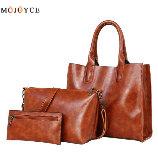 Three Pcs/Set Oil Wax Leather Women Handbags Casual Female Bags