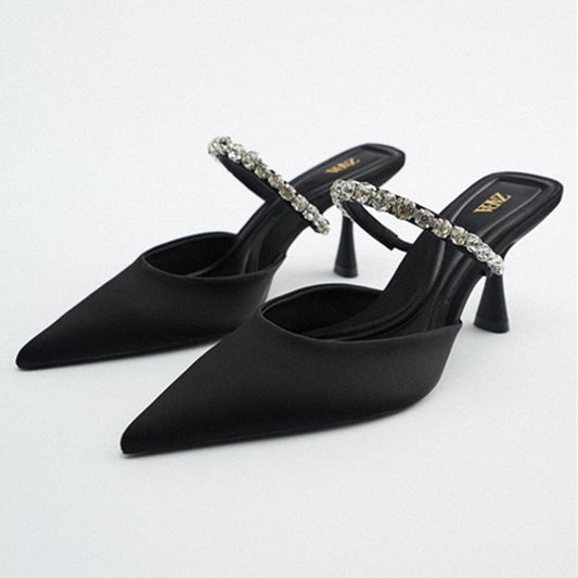New Black Suede Rhinestone Bright High Heel Fashion Pointed Toe Slippers Women's Shoes