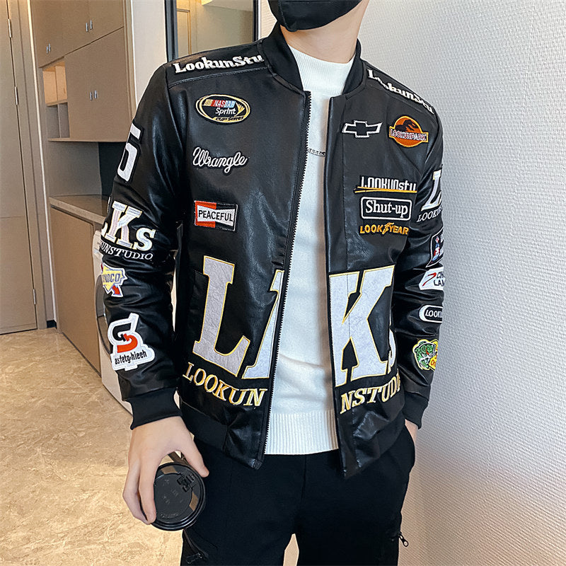 Plus Cotton Racing Suit Baseball Collar Motorcycle Leather Men's Trendy Leather Jacket