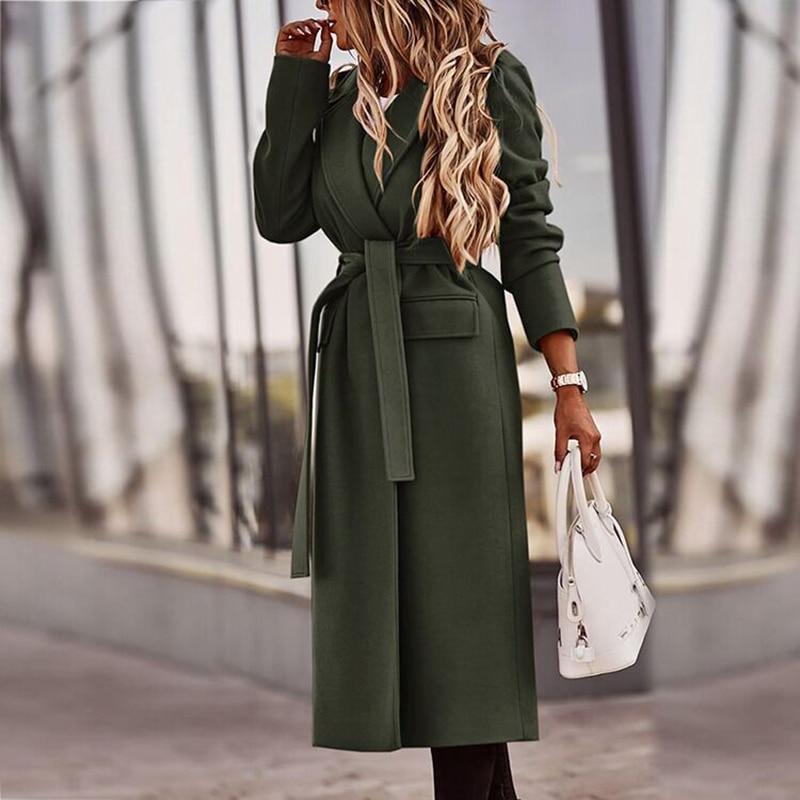 Lapel cardigan solid color long sleeve long woolen coat