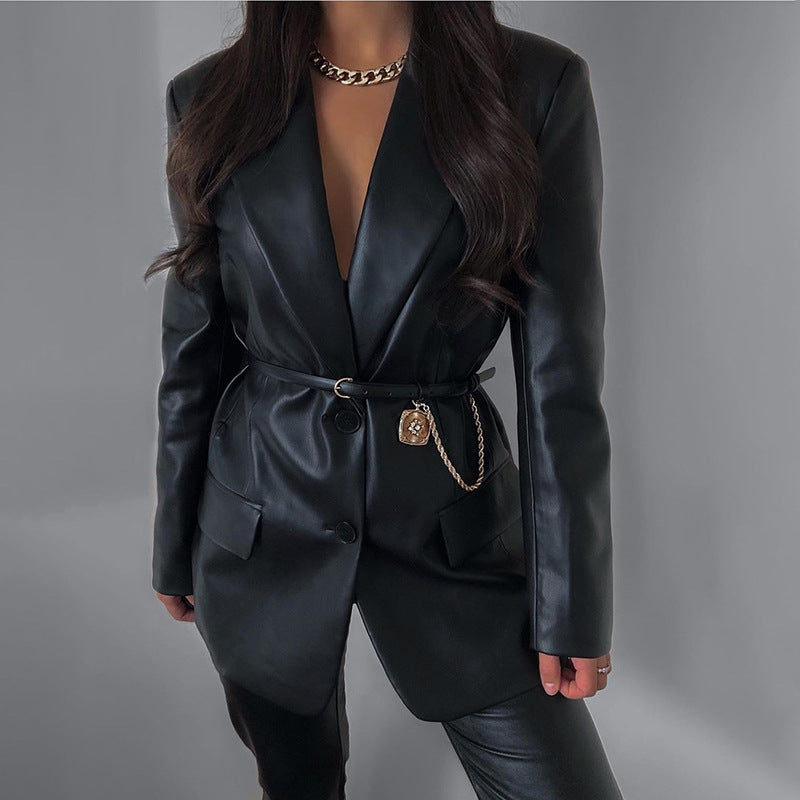Solid color suit collar fake pocket women's leather jacket