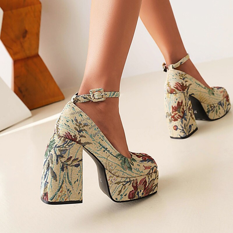 Spring New Floral Printed Square Head Platform Flat Buckle High Heel Sandals