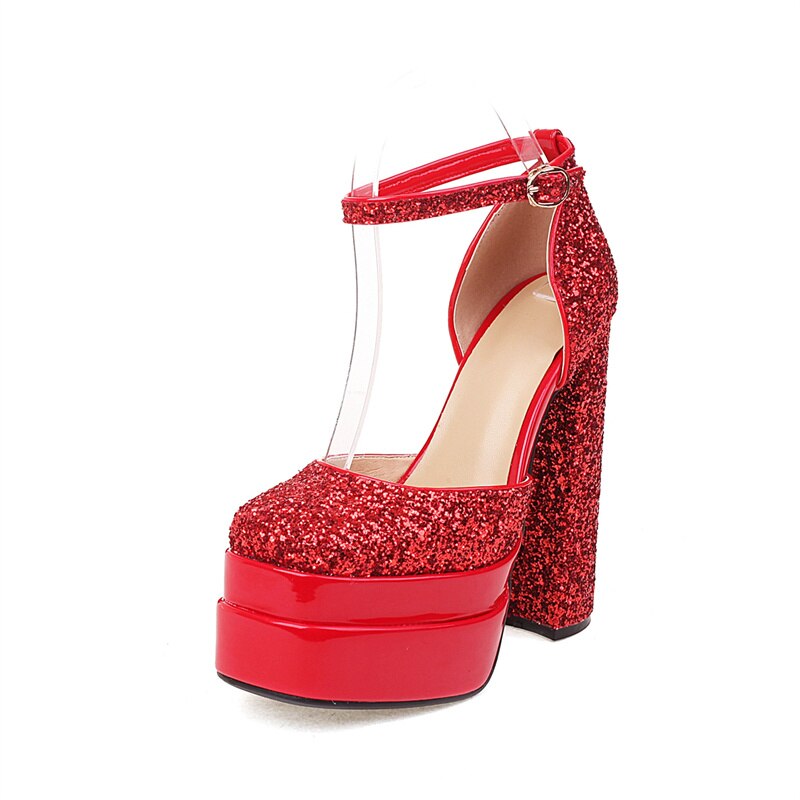 Rhinestone Ankle Strap Super Thick High Heels Platforms Pumps For Women