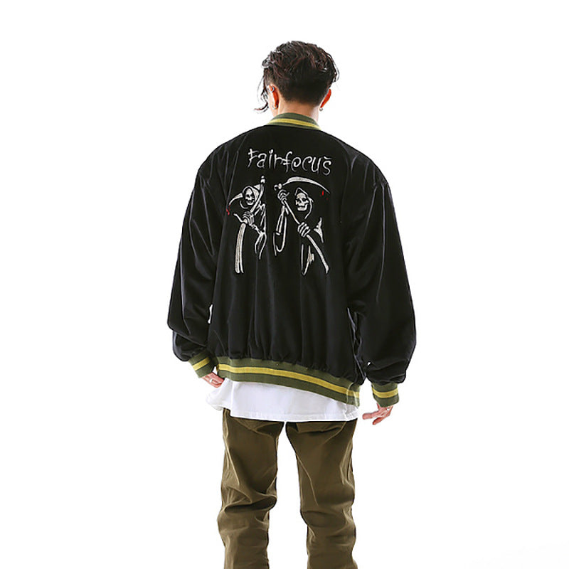 Vintage Skeleton Embroidery Baseball Jacket Male