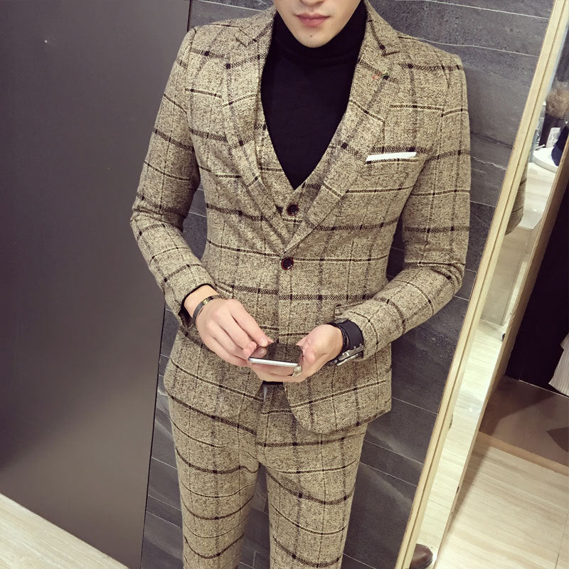 Slim British casual fashion check men's suit set of three pieces