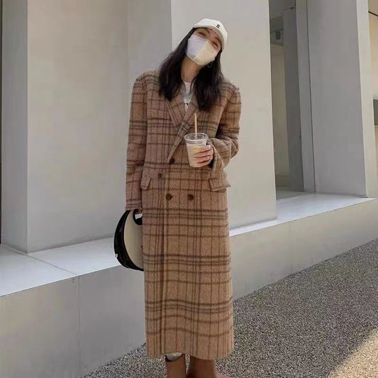 Checked Double sided Wool Coat For Women Long Knee length