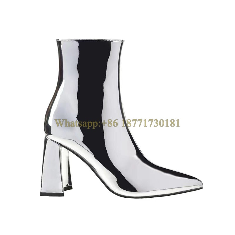 Silver Pointed Chunky Heel Ankle Boots Woman Winter Side Zip High Heel Boots Fashion Block Heel Boots Shoes for Women