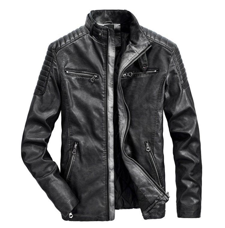 Fashion Thick Solid Color Retro Men's Leather Jacket