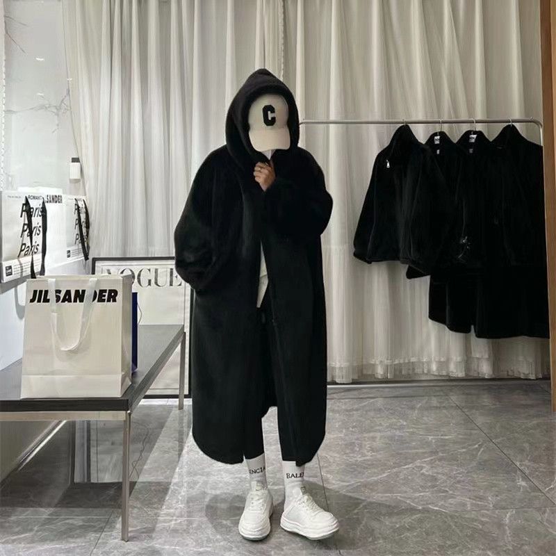 Leather Coat Overcoat Women's Long Thick Hooded Loose Young Mink-like Wool