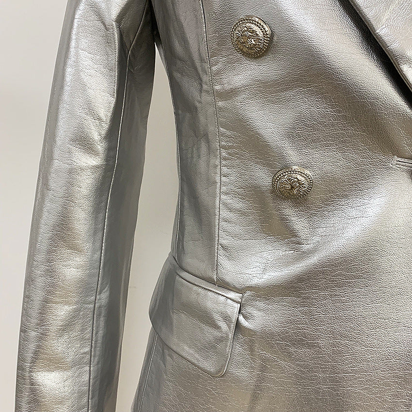 Shiny Silver Synthetic Leather Slim Suit Jacket