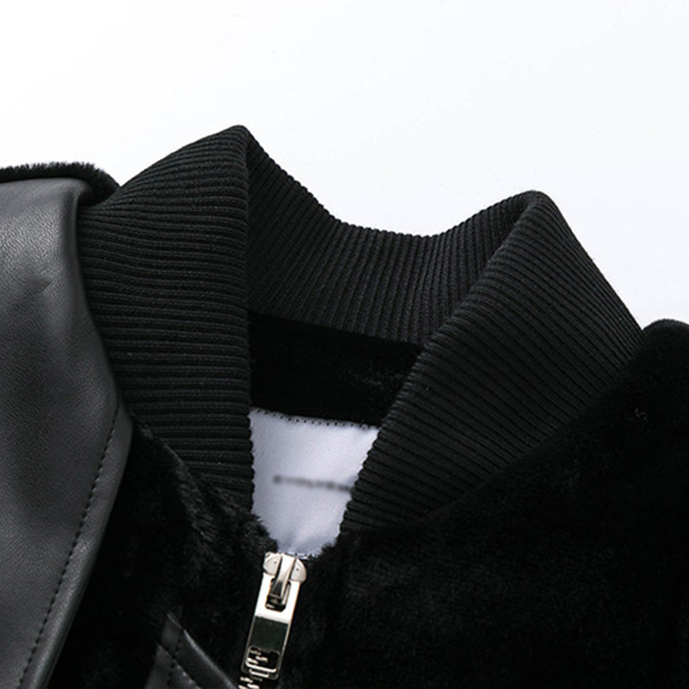 Fashion PU Leather Patchwork Plush Coat