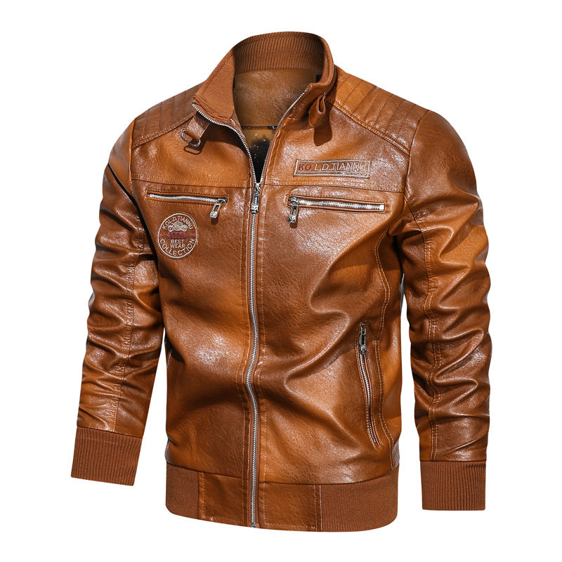 Stand-up Collar Leather Jacket With Pockets