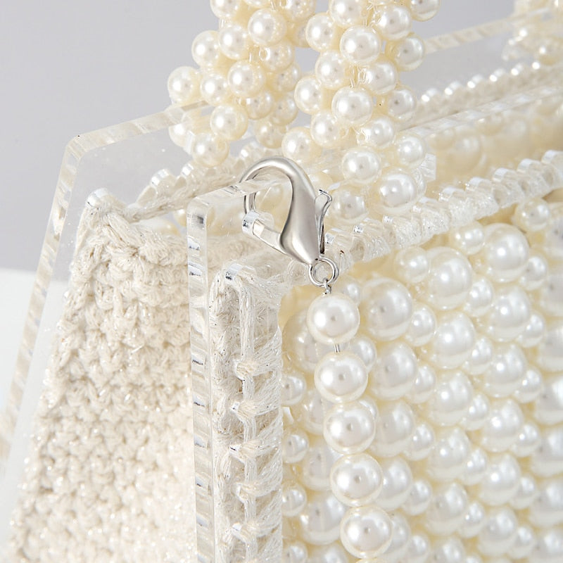 Luxury Acrylic Pearl Evening Clutch Bags Women Handmade Beaded Clear Purses And Handbags Ladies Woven Shoulder Bag Wedding Party