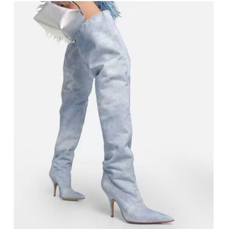 Processing Time:7-15 days after placing orders European and American Brand Catwalk Boots Women's Summer Fashion Sexy Thin High Heel Elastic Denim Knee Sleeve Boots