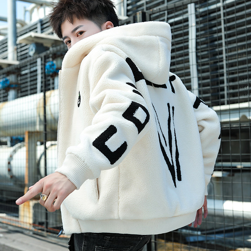 Winter Thickened White Imitation Sheep Cut Men's Coat