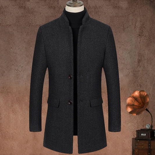 Stand Up Collar Mid Length Woolen Slim Fit Wool Coat