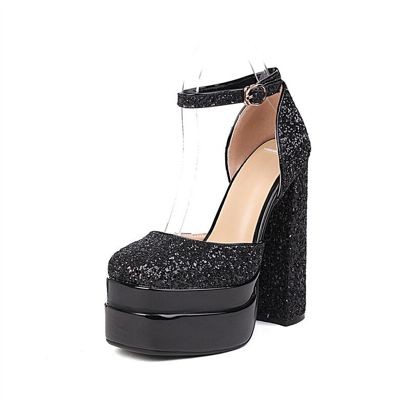 Rhinestone Ankle Strap Super Thick High Heels Platforms Pumps For Women