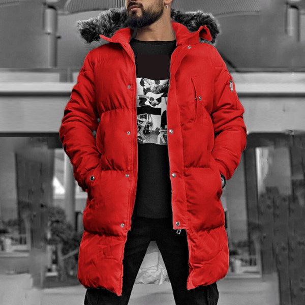 Pure Color Hooded Zipper Warm Cotton Long Single-breasted Pocket Casual Coat Men