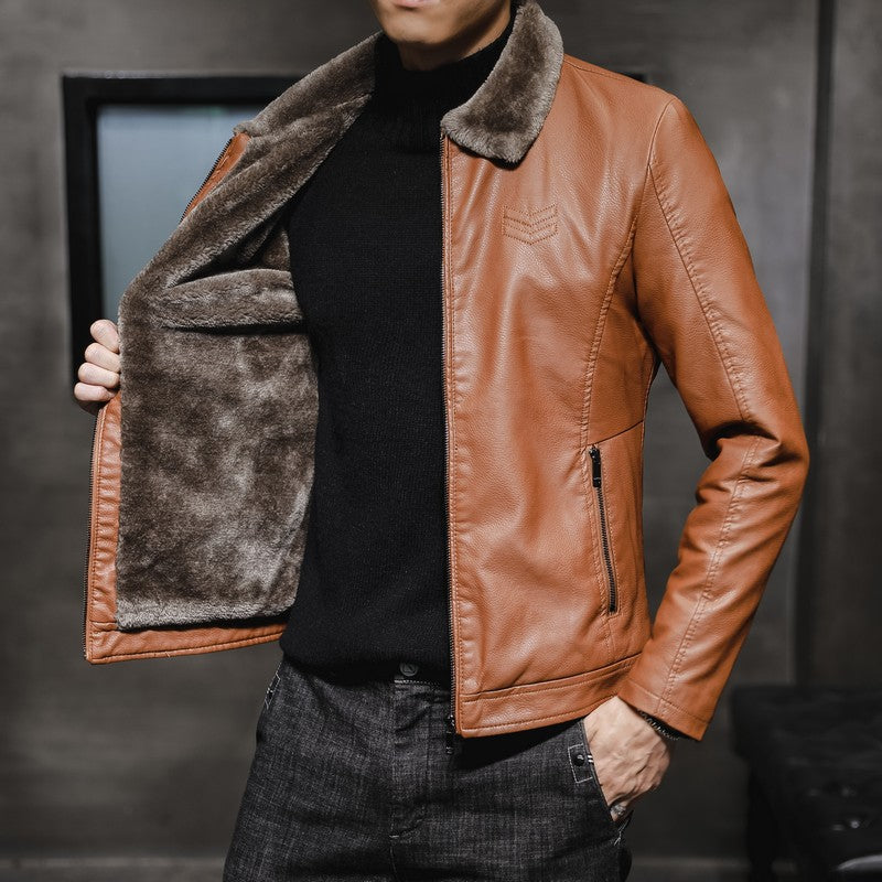 Lapel Plus Velvet Thick Fur One Leather Jacket