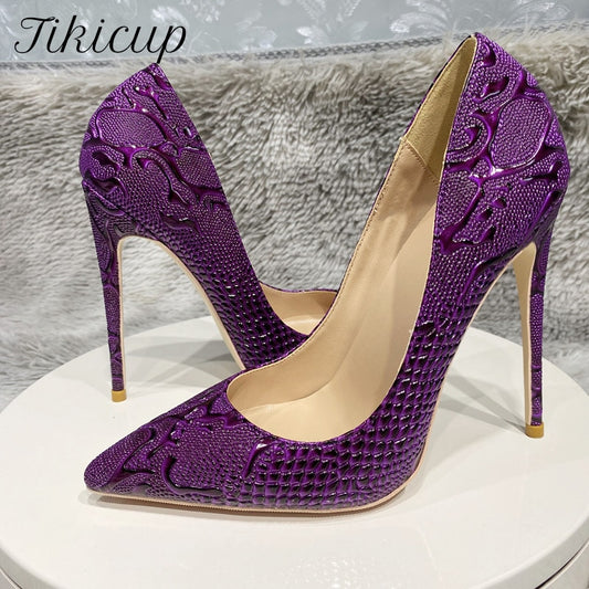 Tikicup Purple Embossed Crocodile Effect Women Pointy Toe Slip On High Heel Shoes for Party Sexy Ladies Dress Stiletto Pumps